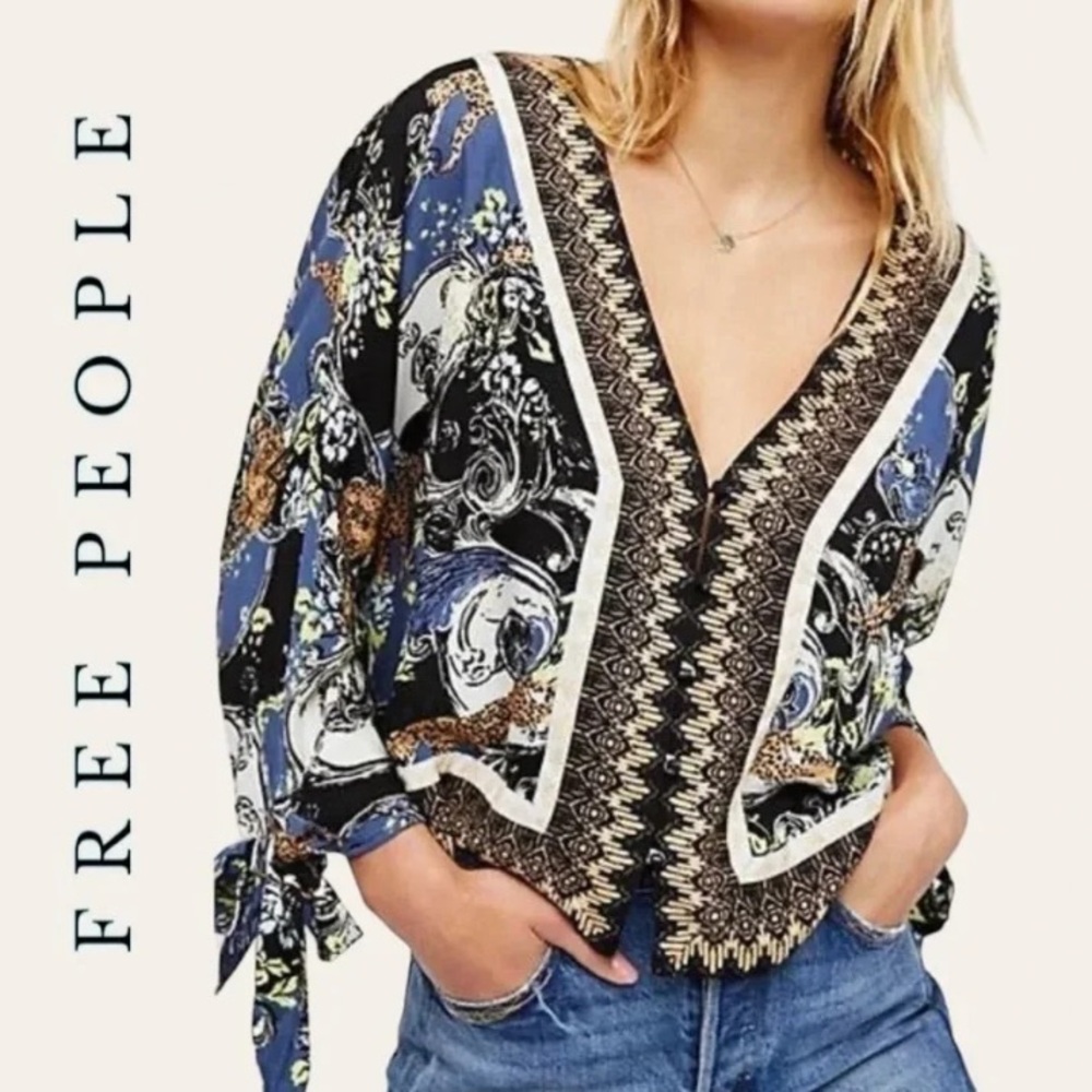Free People “Catch Me if You Can” Printed Button
Front Tie Sleeve Top Blue Combo